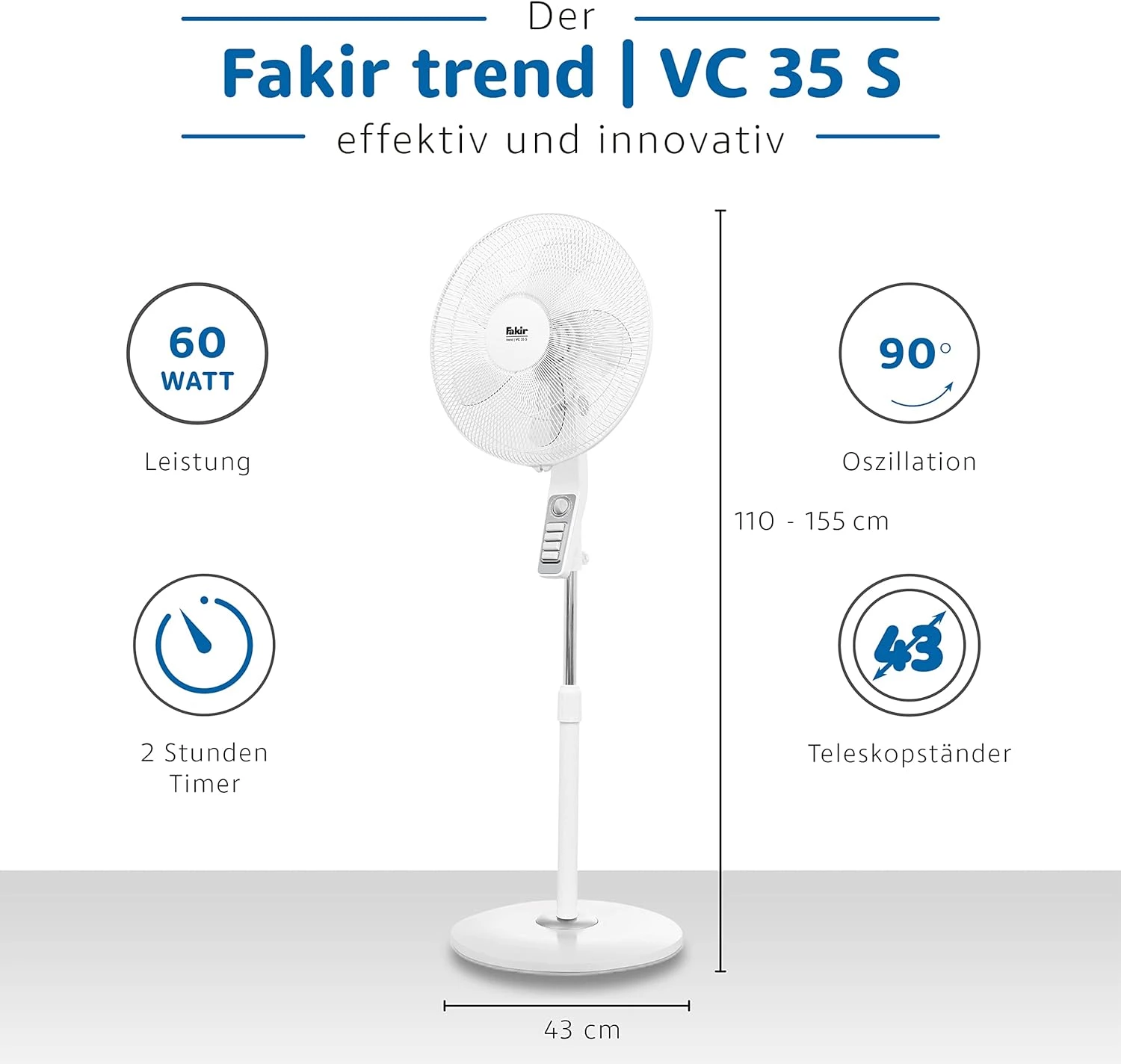 FAKIR Standventilator VC 35 S mit Fernbedienung, weiß, 60 Watt, extra leise